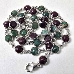 Sterling Silver 925 Ruby & Emerald Bezel-Set Station Necklace – 18 Inches